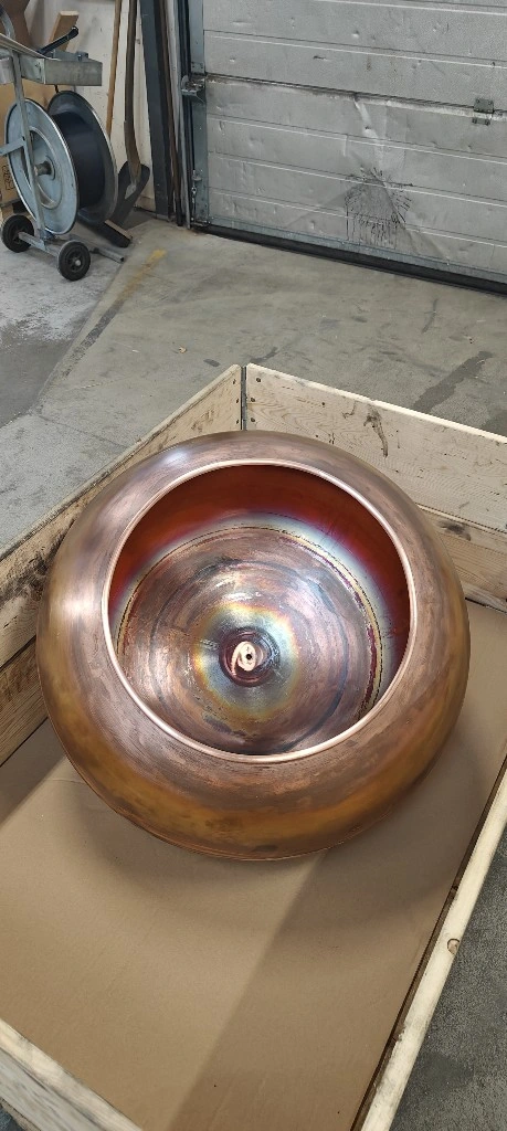 Copper vessel produced by metal spinning for the pharmaceutical industry with the first welded drum section.